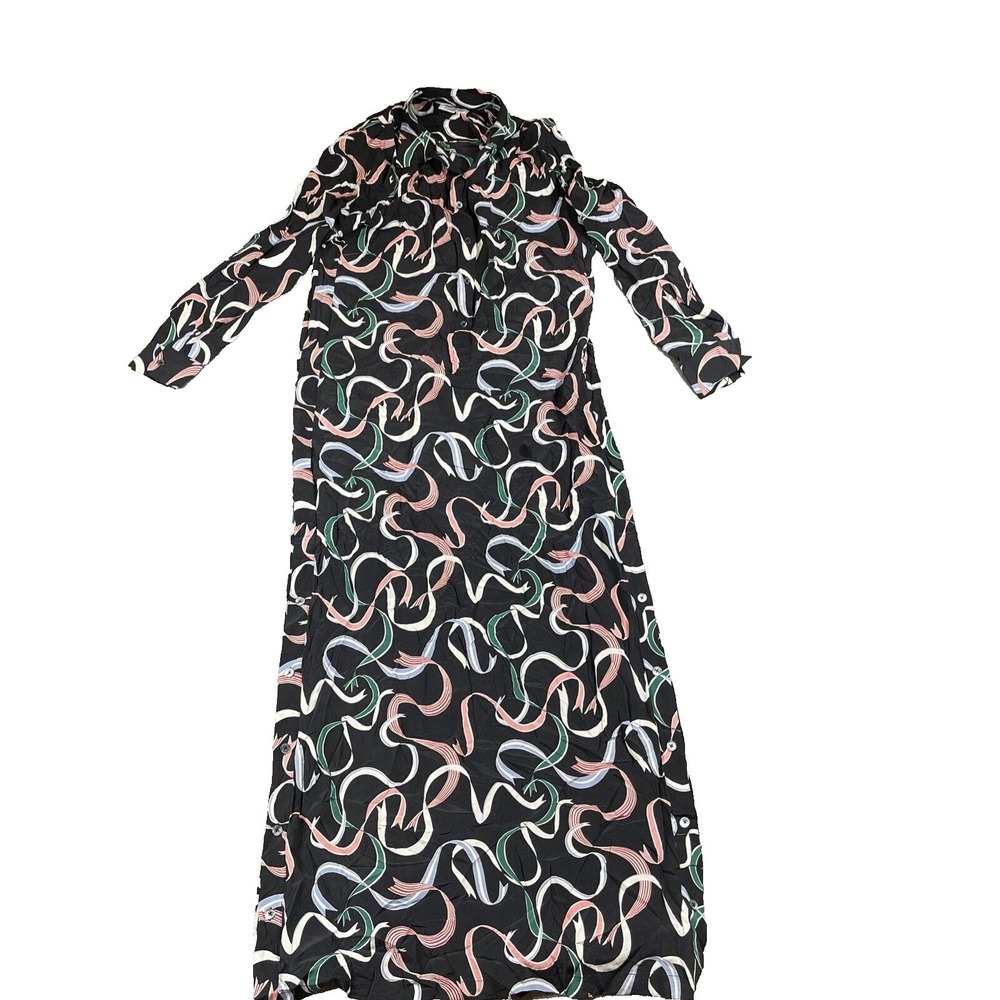 EQUIPMENT Silk Long Dress Women's Large Black Multicolor Long Ribbon Banner‎